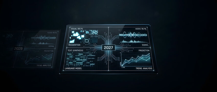 Futuristic AI language model dashboard panel with 2027 label showing recognition prediction and signal data