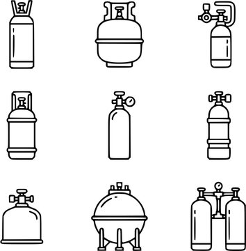 Industrial Gas Cylinders and Tanks Outline Icons Set. Line Art Collection of Pressure Vessels, Gas Bottles, Propane, Oxygen, and Welding Tanks.