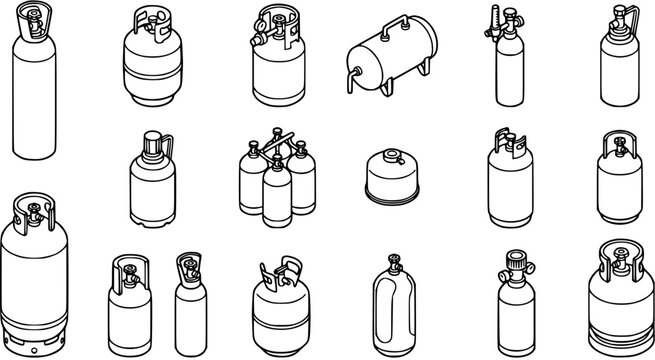 Industrial Gas Cylinders and Tanks Isometric Line Art Icon Set. Black and White Outline Vector Collection of Various Pressure Vessels for Energy and Chemicals.