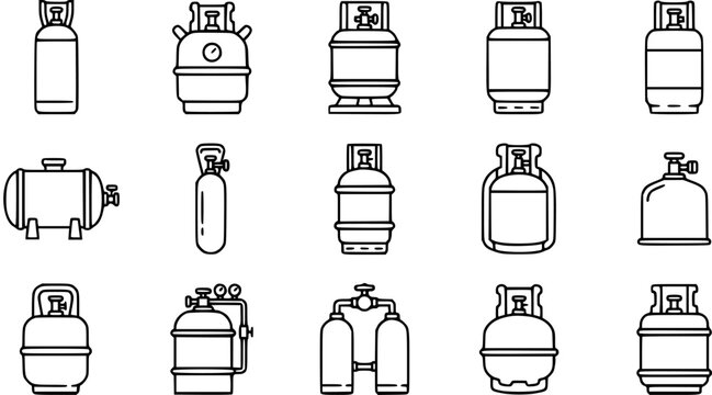 Industrial Gas Cylinders and Tanks Line Art Icons Set. Outline Vector Collection of Fuel, Propane, and Oxygen Containers.