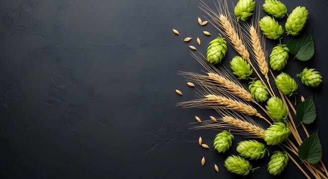 Hops and wheat stalks on dark background