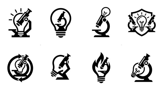 Laboratory microscope and scientific discovery icon set.