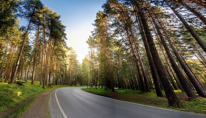 Fototapeta premium Wide Panoramic View Of The Morning Shady Pine Forest Or Park With A Winding S Shaped Asphalt Road Into The Depths Of The Forest Tall Old Trees And A Spot Of Sunlight
