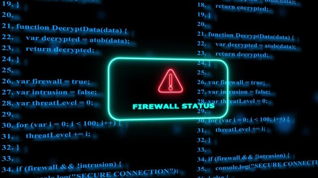 Firewall status warning alert with scrolling cyber security programming code background, software development