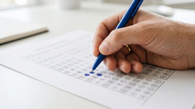 Man filling out multiple choice test with blue pen. Student marking answers on bubble sheet. Academic examination, assessment, testing, school, college, education and university concept