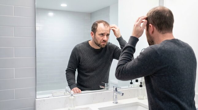 Man looking in bathroom mirror noticing hair loss. Sad guy checking his receding hairline and thinning scalp. Emotional struggle with alopecia, men grooming and skin care health care concern