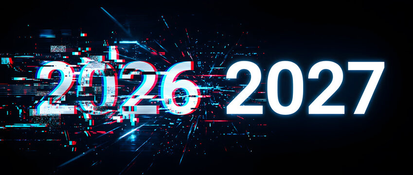 Bold glowing 2026 and 2027 year text with glitch effect and particle burst on dark background