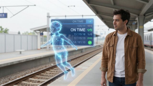 Man at train station sees holographic display showing baby and on-time departures.