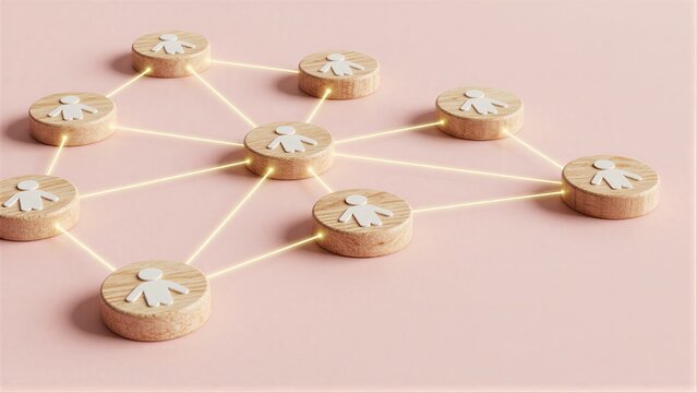 Wooden circles with human figures connected by glowing lines, symbolizing networked relationships.