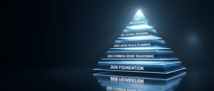 Glowing layered pyramid with 2027 agi horizon label at top and foundation tier at base