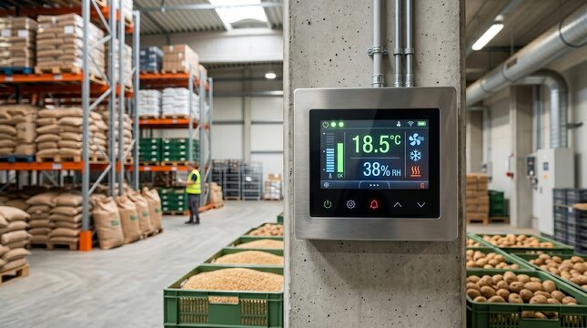 Digital climate control panel in warehouse with worker. Smart sensor regulating temperature and humidity for crop storage. Industrial automation for agricultural harvest preservation
