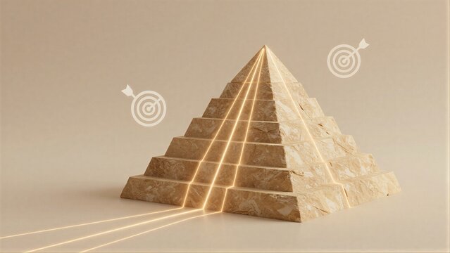 Stone pyramid with glowing lines and target icons, symbolizing goal achievement.
