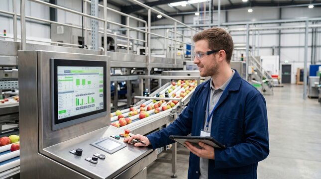 Man operator monitoring automated fruit sorting machine in food factory. Food industry specialist using digital control panel to inspect harvest processing line efficiency and production