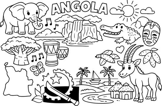 angola landmarks cartoon outline hand drawn Line Art illustration doodle art coloring page for kids