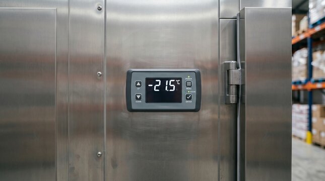 Industrial freezer control panel displaying negative temperature in a logistics warehouse. Metal door of commercial refrigeration unit for cold chain food storage and supply management