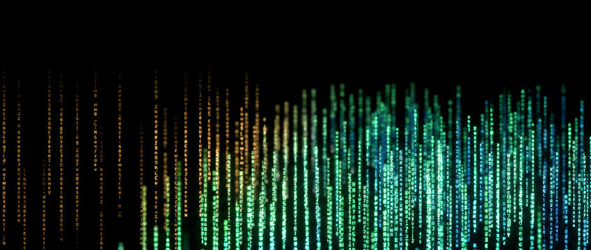Rising digital binary data stream glowing in green and gold color on black background