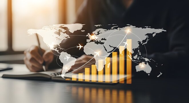 Person writing in notebook with global map and growth chart