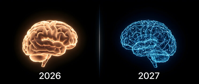 Split comparison of organic brain and digital wireframe brain glowing on black background