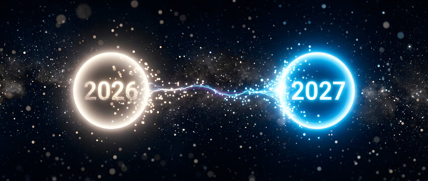 Two glowing orb connected by energy beam representing transition between year on dark starry sky