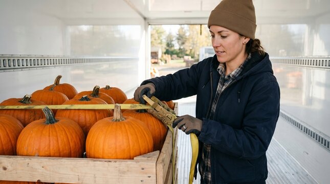 Woman farmer securing crate of orange pumpkins with ratchet strap inside truck. Logistics and safe transportation of autumn harvest produce in wooden box for organic vegetable market