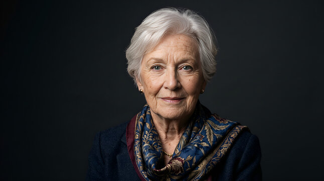 Portrait of an elegant 80 year old woman with white hair