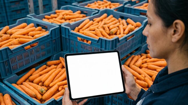 Woman logistic manager holding tablet with blank screen in harvest storage warehouse. Checking carrot inventory for supply chain management. Agricultural technology and industry concept