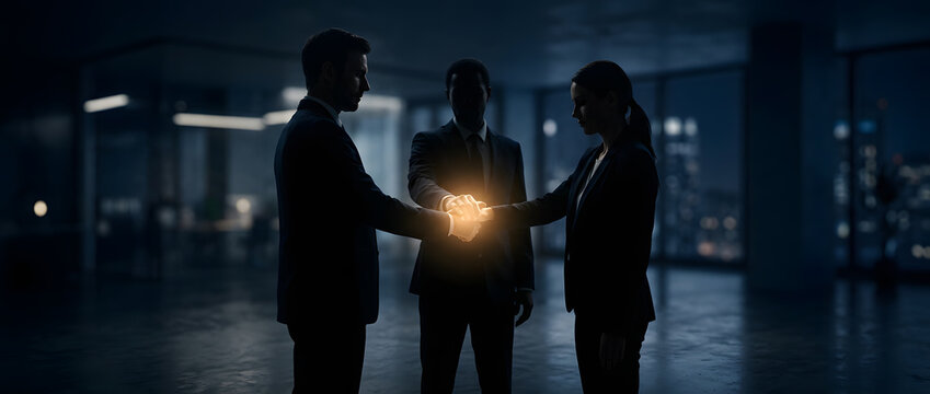 Three business professional joining glowing hand together in dark corporate space