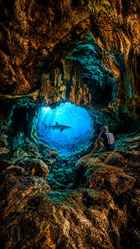 Explorer watching shark through underwater cave opening, generative AI