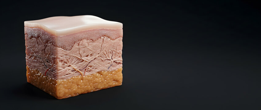 Human skin anatomy block showing epidermis dermis and fat layer with vessel and fiber