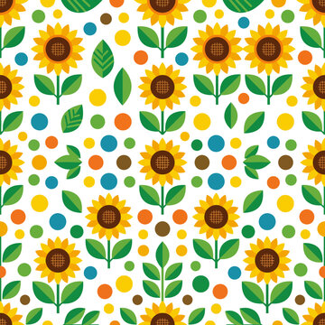 Seamless pattern of sunflowers and colorful dots, flat vector illustration