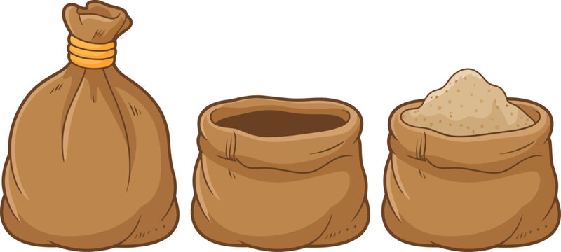 Illustration of burlap sacks filled with grain and empty canvas bags.