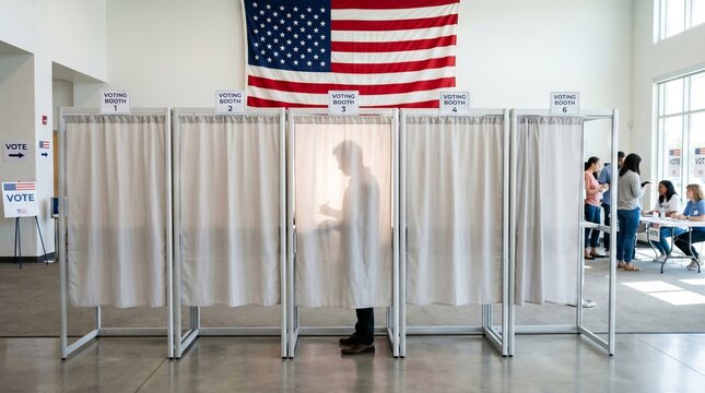 Man casting vote inside private voting booth during American election. Citizen participating in democratic process. Electoral office with flag, ballot paper, and registration station