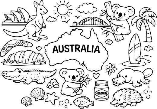 australia continent landmarks cartoon outline hand drawn Line Art illustration doodle art coloring page for kids
