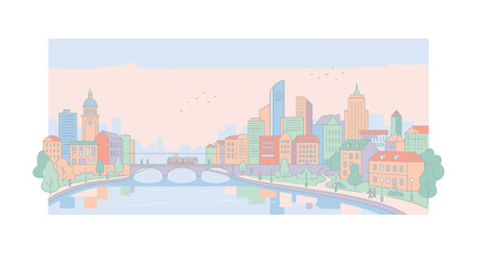 Obraz premium City Skyline with River and Buildings.