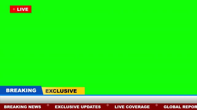 Breaking news green screen interface with live broadcast lower third and scrolling ticker