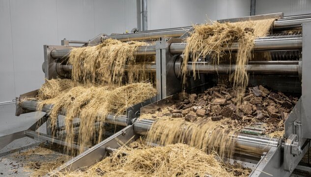 Medium shot of dry hemp bast fiber decortication showcasing mechanical equipment separating fibers from woody core in a clean dustfree environment.