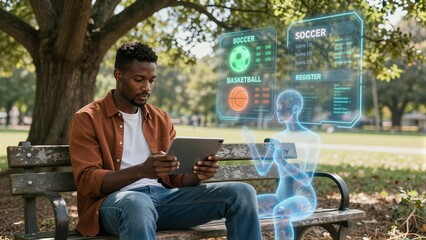 Fototapeta premium Man uses tablet in park, holograms show sports data and human anatomy.