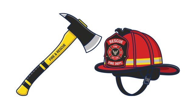 Firefighter equipment fire helmet axe.