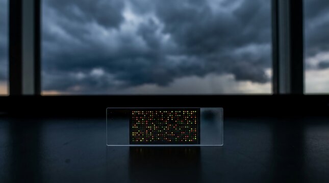 Microarray slide with colorful dots against stormy sky