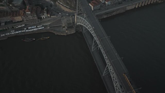 Dom Luis I Bridge Porto Aerial View at Night - Drone Shot Portugal