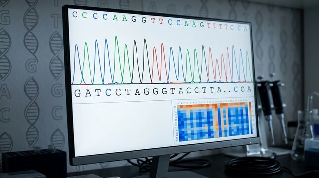 DNA sequencing chromatogram on computer screen in lab