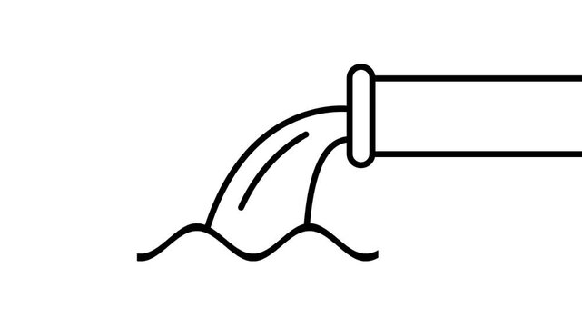 Black line art animation of an industrial pipe pouring water into waves. Seamless loop for drainage, plumbing, or sewage concepts.