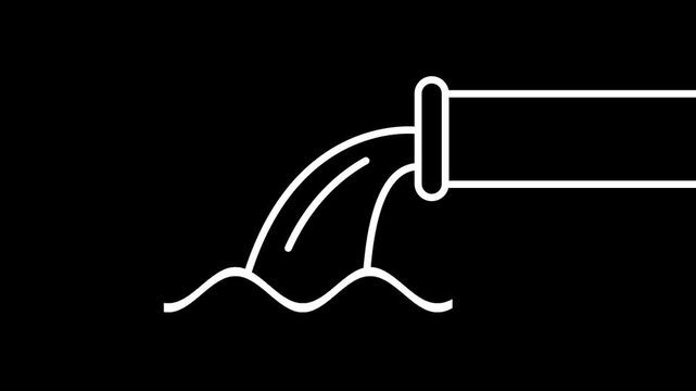 White line art animation of an industrial pipe pouring water into waves. Seamless loop for drainage or plumbing concepts. Black background.