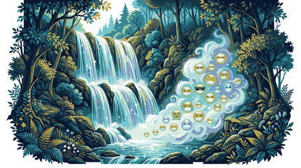 Bubbles floating in waterfall pool. © Suryaaji