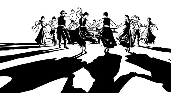 Dynamic black and white illustration of a group of people performing a traditional folk circle dance, celebrating cultural heritage.