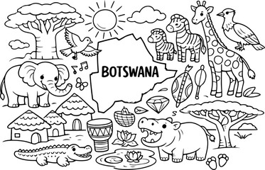 Fototapeta premium botswana landmarks cartoon outline hand drawn Line Art illustration doodle art coloring page for kids