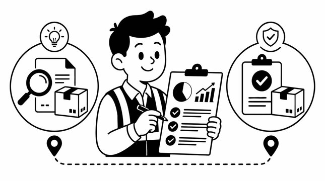 Businessman analyzing logistics and delivery data on clipboard.