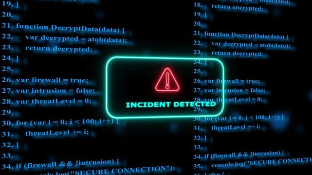 Cybersecurity incident detected warning alert with scrolling programming code background, for data breach, and network security concept