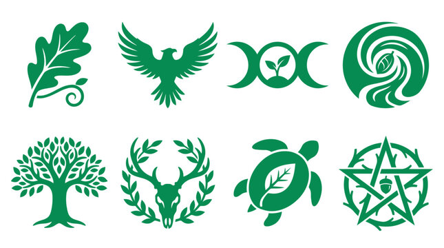 Pagan nature symbols including moon hawk and pentacle