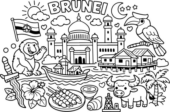 brunei landmarks cartoon outline hand drawn Line Art illustration doodle art coloring page for kids